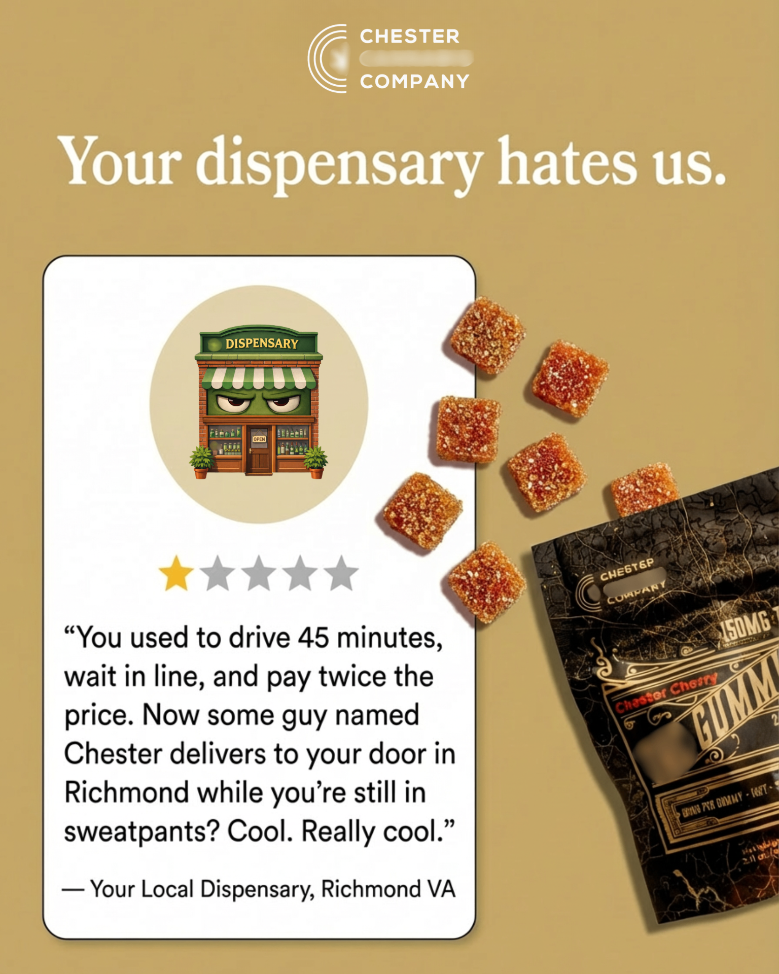 Native-format ad creative, fake one-star review